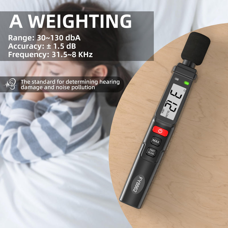 [Australia - AusPower] - Decibel Meter, Sound Level Meter, Portable, Digital SPL Meter 30-130dB with A Weighted, Fast/Slow Mode, Max Data Hold, Clip-on Ultralight Noise Meter for Home, Factory, Classroom, Office 