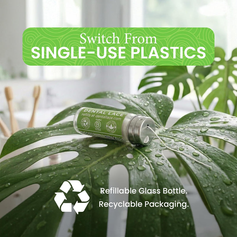 Dental Lace Refillable Silk Dental Floss - 100% Silk Floss with Mint Flavor, PFAS & PTFE Free - Includes 2 Refillable Wave Glass Floss Container and 4 Spools (Total 120 Yards) - Recyclable Packaging Green (Pack of 2)
