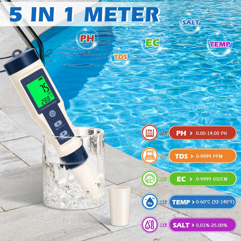 [Australia - AusPower] - 5-in-1 pH Meter with LCD Display, Precision Measurement of PH, TDS, EC, Temperature, T3 Water Quality Tester for Pool, Aquarium, Drinking Water and Hydroponics, Automatic Temperature Compensation White 