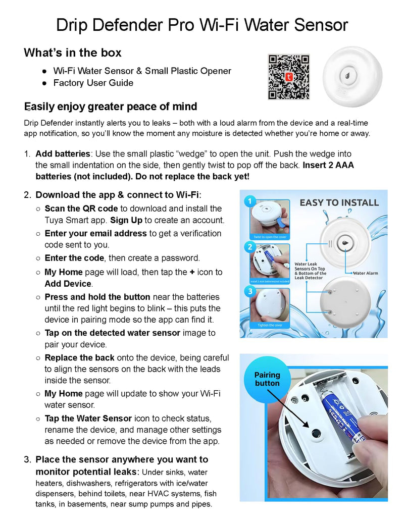 Drip Defender Pro Water Sensor | Wi-Fi Water Leak Detector for Home with 100dB Alarm, High Sensitivity, IP66 Waterproof, Easy Installation, Smart Moisture Alarm for Kitchens, Basements, and Bathrooms