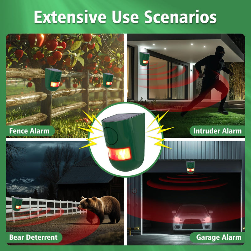 ChunHee Solar Motion Sensor Alarm Outdoor 4 Working Mode Motion Activated Alarm 129dB Loud Sound Noise Maker IP65 Waterproof Motion Detector with Strobe Light for Yard Farm Garden 2PC Green-2 PC