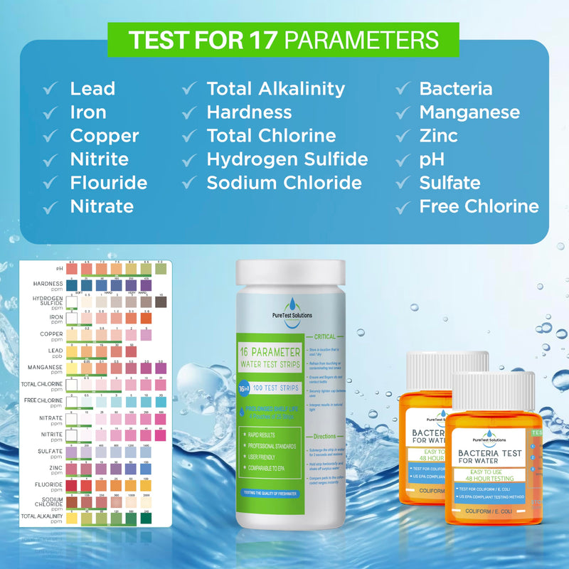 [Australia - AusPower] - 17 in 1 Complete Drinking Water Test Kit (100 Strips & 2 Bacteria Testers) Assesses for Lead, Alkalinity, Chlorine, Hardness, Iron, Fluoride, Copper, and More 