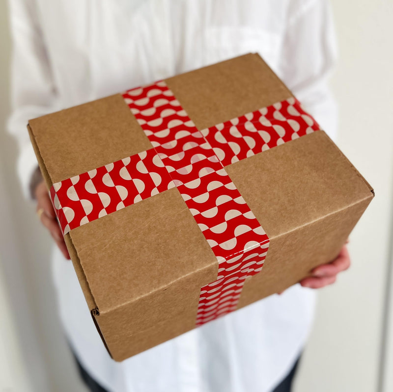 Printed Decorative Packing Tape for Small Business, Cute Designer Printed Packaging Tape, Shipping and Mailing, Red and Cream Geometric Wave Pattern, 1.88" x 110 Yards (330 feet) Geometric Wave Pattern - Cream/Red