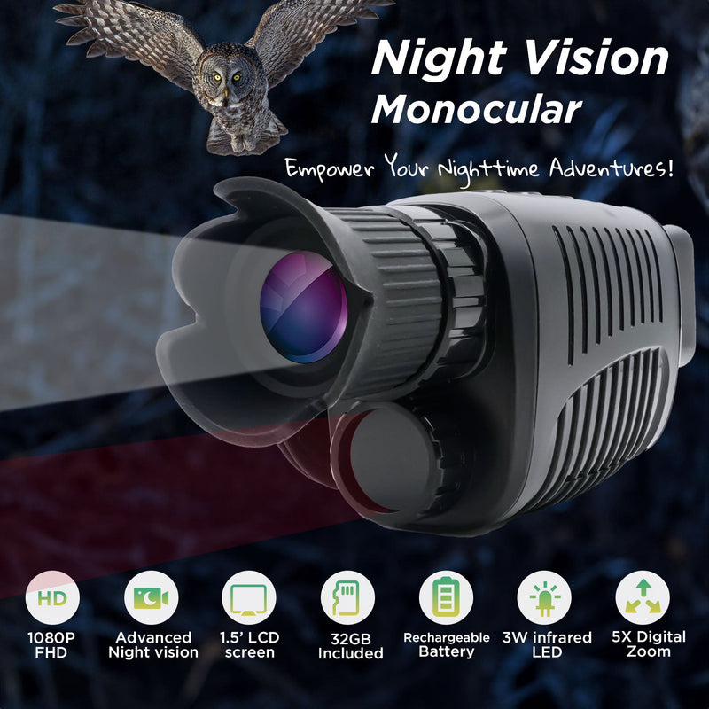 Rechargeable Night Vision Monocular for 100% Darkness, Full HD1080P Video Long Distance Infrared Night Vision Goggles Binoculars for Hunting, Camping, Travel, Surveillance 32GB Inside