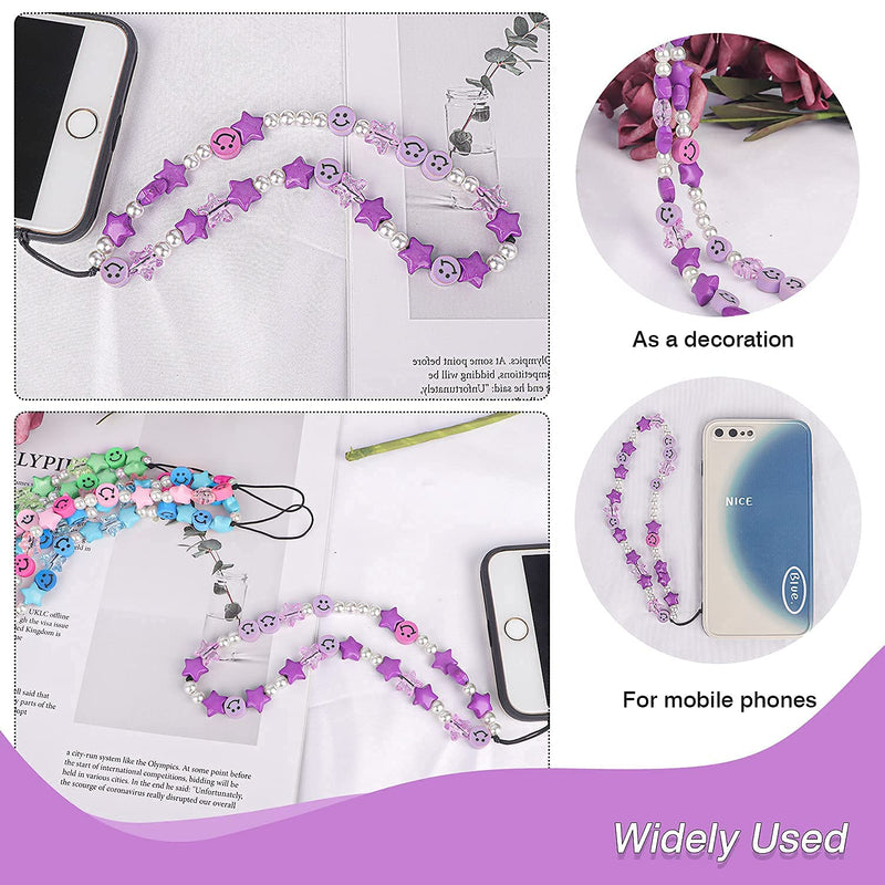 [Australia - AusPower] - Phone Charm Lanyard, 1Pcs Smiley Face Beaded Phone Charm Strap Colorful Star Smiley Soft Ceramic Keychain for Women Girls Purple 