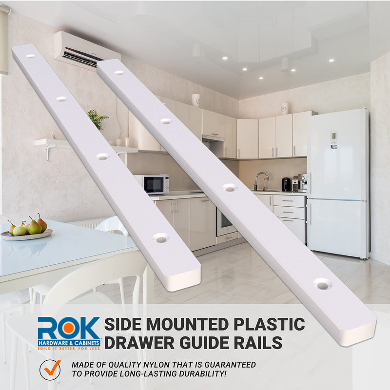 5 Pairs of Rok Hardware Side Mounted 11-1/4" (285.5mm) Screw-On, Plastic Drawer Rails/Guide Rails with 3/4" Extension, for Drawers with 21/32" (17mm) Groove, White Finish, D10751034 10