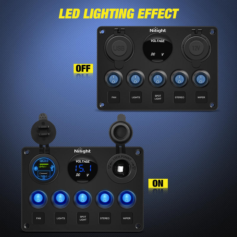 [Australia - AusPower] - Nilight 5 Gang Multi Function Waterproof Switch Panel PD Type C and USB Charger Digital Voltmeter 12V Outlet Rocker with Inline Fuse for RVs Cars Boats Trucks Trailers Waterproof Type C + USB Blue 