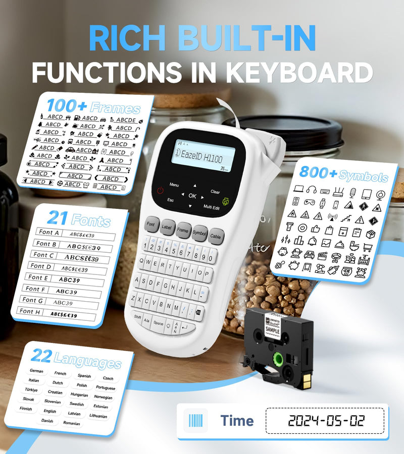 Label Maker Waterproof-Labels, Handheld Label Maker Machine with-Tape 12mm 0.47 Laminated White, Backlit Screen Multiple Fonts & Symbols, Portable Keyboard Labeler for Home Office School Use, H1100
