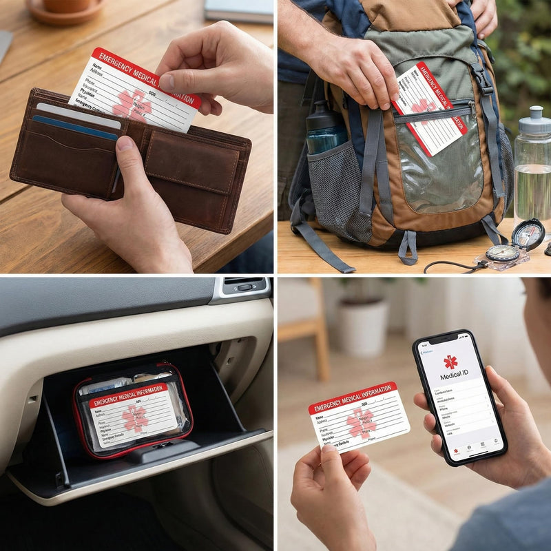 Pack of 10 Emergency Contact ID Cards for Medical Information - Medical Emergency Card Emergency Contact ID Cards for Wallet & Cell Phone Signal Red Heavy Duty Cardboard Bag Handbags