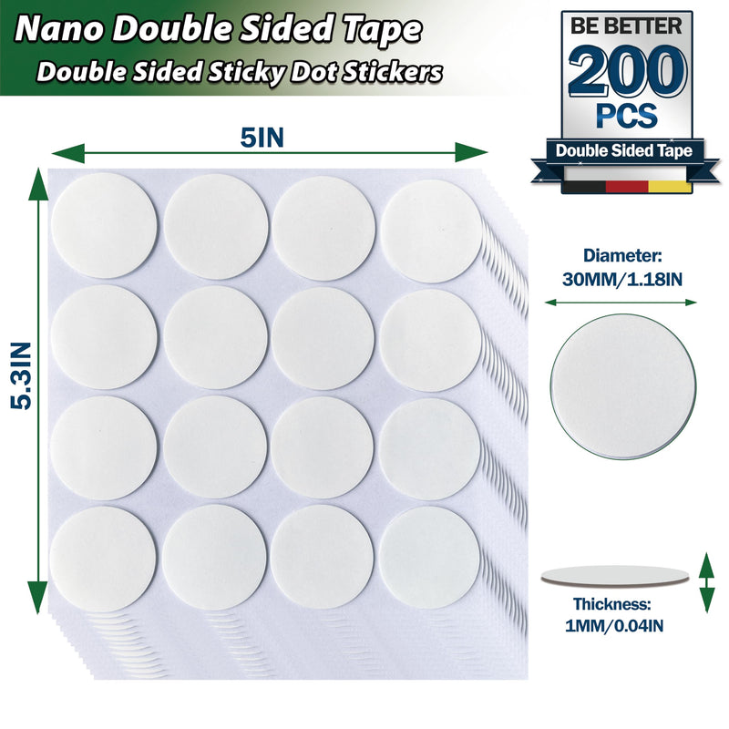 200 PCS Nano Double Sided Tape, 1.18" Round Putty Clear Sticky Tack, Glue Adhesive Dots for Picture Art Crafts Poster Decoration Balloons Festival Party, Removable Multipurpose 200