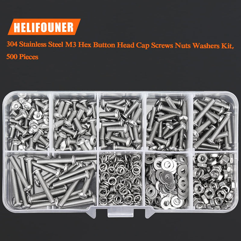 [Australia - AusPower] - 500 Pieces M3 x 6mm /8mm /10mm /12mm /16mm /20mm, Hex Button Head Cap Metric Screws Bolts Washers Nuts Kit, 304 Stainless Steel 
