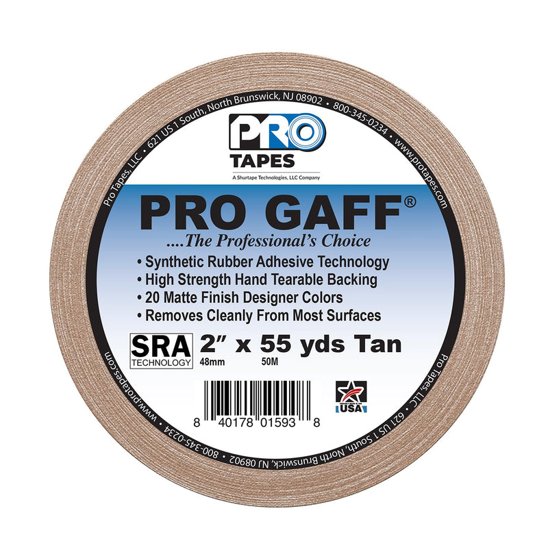 2" Width ProTapes Pro Gaff Premium Matte Cloth Gaffer's Tape With Rubber Adhesive, 11 mils Thick, 55 yds Length, Tan (Pack of 1)