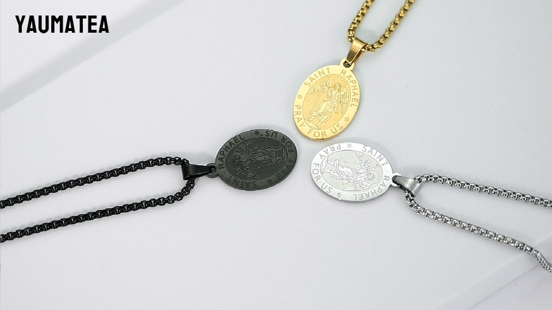 Patron Saint Medal Necklace for Men Women, Stainless Steel, 24" Silver Saint Raphael