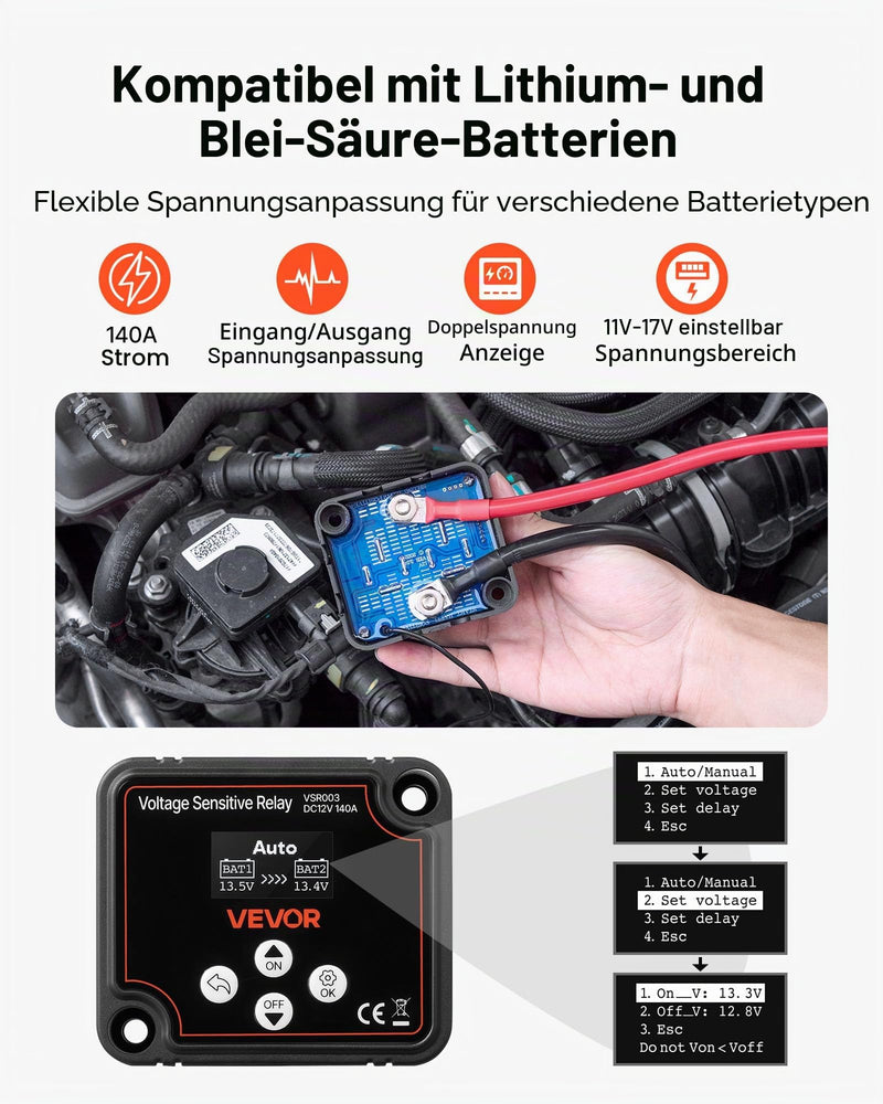VEVOR Isolator Relay 12V 140A Dual Battery Isolator with LCD Screen Intelligent Battery Isolator for Lithium and Lead Acid Batteries for Car Truck RV UTV ATV Boat
