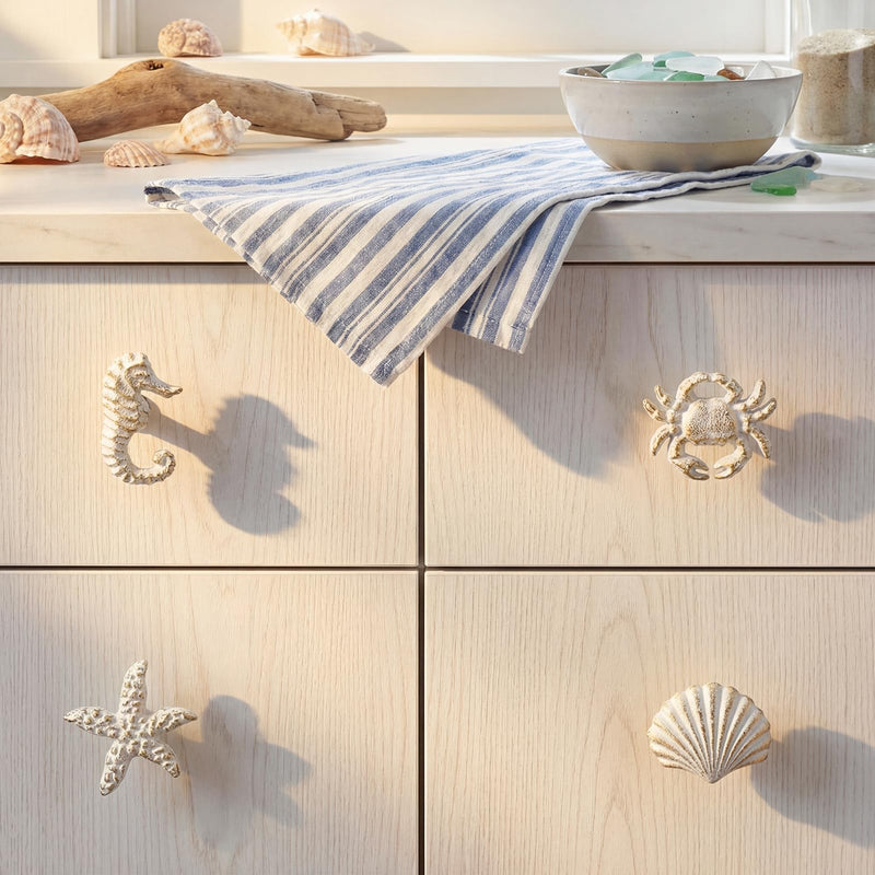 Zonon 8 Pcs Coastal Nautical Cabinet Knobs, Beach Ocean Themed Drawer Knobs, Starfish Seashell Seahorse Crab Cabinet Pulls & Handle, Metal Knob for Dresser Cupboard Wardrobe (White) White Gold Stylish Style
