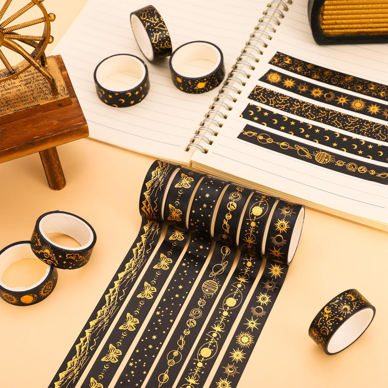 Whaline 12 Rolls Gold Foil Galaxy Washi Tape Black Gold Sun Moon Star Masking Tape Set Decorative Wrapping Paper Tapes for Scrapbook Journal DIY Art Crafts