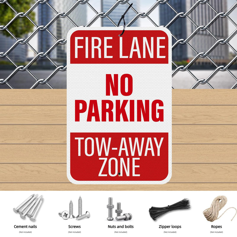 2 Pack No Parking Fire Lane Tow-Away Zone Sign 18 × 12 Inches High Reflective Weatherproof Aluminum Metal Safety Signage with Pre-Drilled Holes for Streets Roads Garages