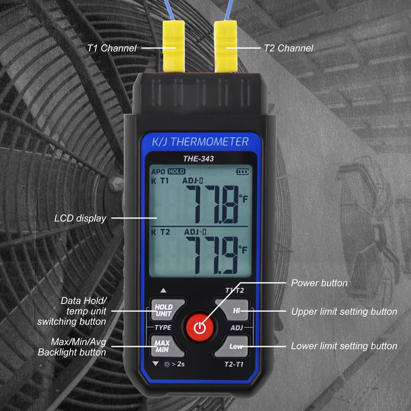[Australia - AusPower] - Thermocouple Thermometer HVAC Temperature Meter, Digital Temperature Thermometer with 4 K Type Thermocouple, Dual Channel Temperature Gauge with Alarm & ADJ Compensation (-328~2500℉ Measuring) 