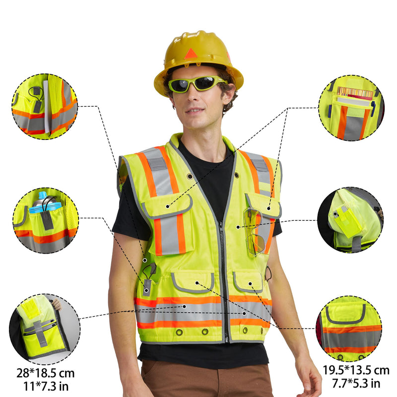 AYKRM Heavy Woven cotton High Vis Reflective work construction safety vest for men Class 2 with ipad Cargo Pockets Yellow 5X-Large