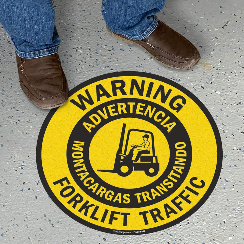 SmartSign “Warning - Forklift Traffic” Bilingual Anti Slip Adhesive Reflective Floor Sign | 17" x 17" 17" x 17" Reflective
