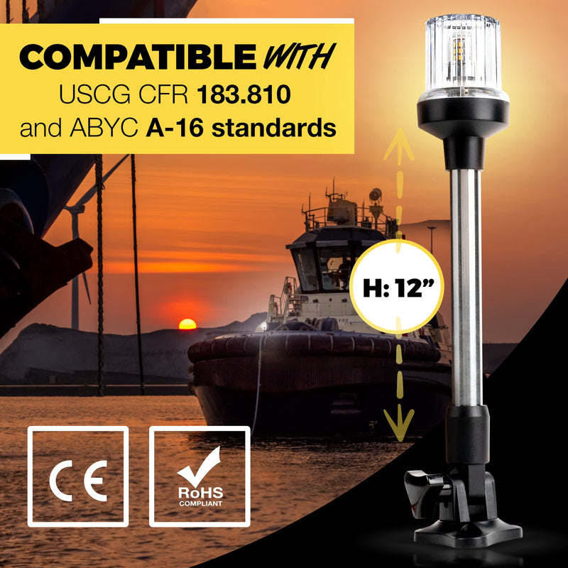 EVERBEAM P700 Adjustable Stainless Steel Anchor Light for Fishing Boats and Marine Vessels - Gives 360 Degree Visibility for 3 Nautical Miles - Weatherproof Fold Down 36pc LED inc. Fittings and Manual 12 Inch