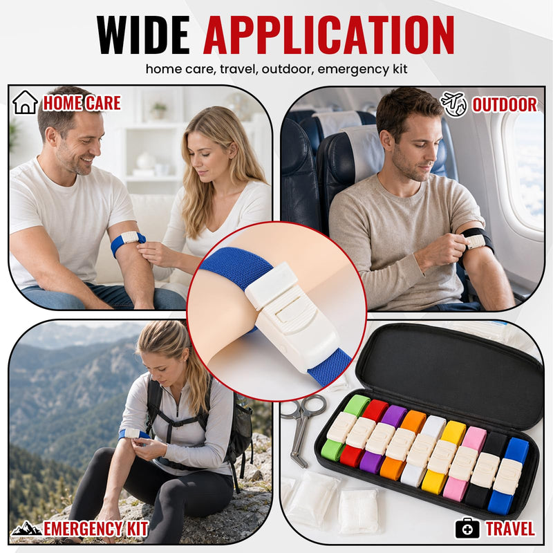 Pack of 9 Blood Removal Tubes, Vein Storage, Snap Closure, 9 Colors | Highly flexible nylon tourniquet, 2.5 x 40 cm, suitable for use at home, outdoors and in the hospital