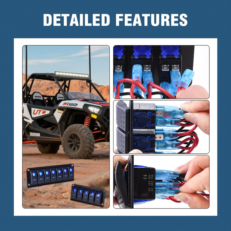 5 Gang Rocker Switch Panel Waterproof Pre-Wired Blue Backlit Toggle ON/Off Switch for Boat Marine Automotive RV Truck Trailer 12-24V Black-F 5 Gang