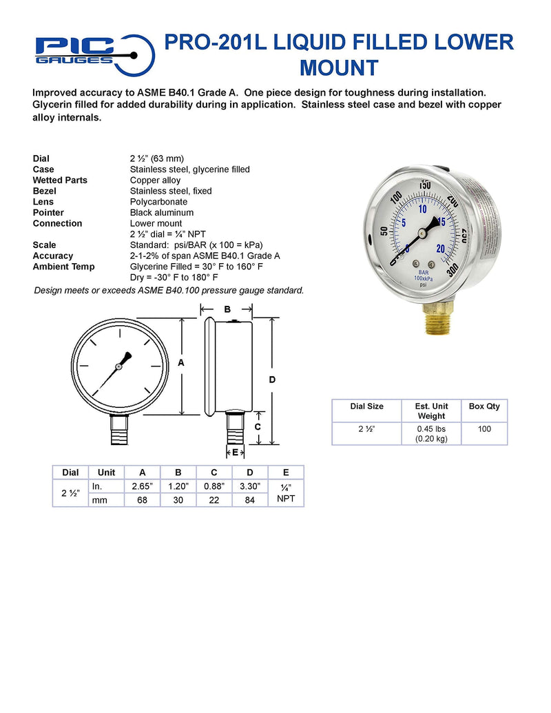[Australia - AusPower] - PIC Gauges PRO-201L-254P 0-3000 PSI Pressure Gauge, 2 1/2" Dial, 1/4" Male NPT Connection, Bottom Mount, Dual Scale, Glycerin Filled, Stainless Steel Case/Bezel, Brass Internals & Plastic Lens, 0/10000 2.5" 