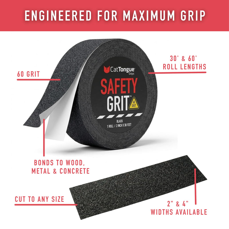 CatTongue Safety Grit Abrasive Grip Tape 4” - 60 Grit Anti-Slip Tape - Waterproof, Safety Traction for Stairs, Ramps & Walkways - Indoor/Outdoor Use - Independently Certified (Black, 30ft) 4" x 30'