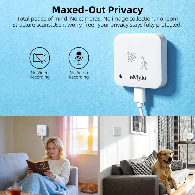 eMylo WiFi mmWave Human Presence Sensor 2 Pack, No Hub Required, 24GHz Radar Occupancy Detector with Lux Light Sensor, Auto Light Control, Works with Smart Life App for Bedroom Bathroom Home