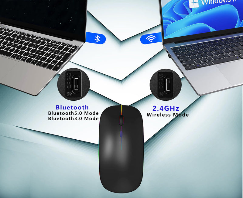 [Australia - AusPower] - Wireless Bluetooth Mouse,LED Rechargeable Silent Slim Laptop Mouse,Portable(BT5.2/3.0 and USB 2.4G) Dual Mode Computer Mice,for Apple Laptop,ipad Tablet,Desktop,Mac,Phone. (Black Mouse) Black Wireless Bluetooth Mouse 