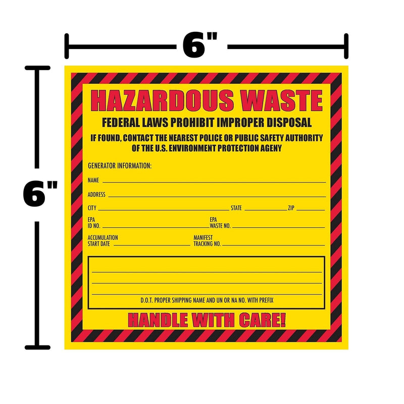 Hazardous Waste Label, 6" x 6", Pack of 25, Yellow and Red Label, Self-Adhesive
