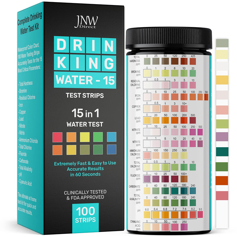 [Australia - AusPower] - JNW Direct 15-in-1 Drinking Water Test Kit - 100 Strips - Quick & Easy Water Testing Strip for Lead, Alkaline, Chlorine, Hardness, Iron, Fluoride, Copper & More 
