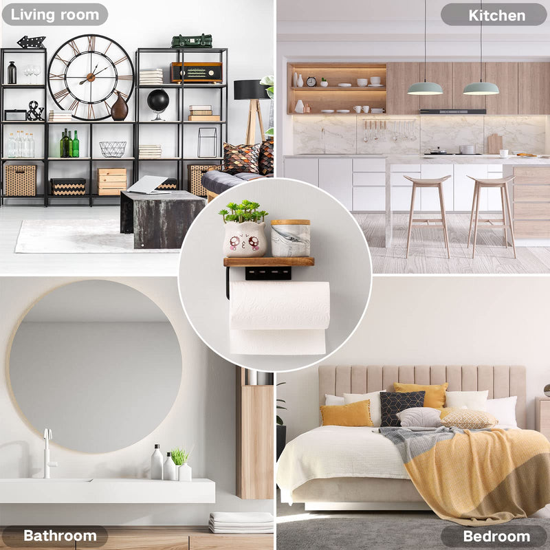 Yangbaga Toilet Paper Holder with Shelf: Wall Mount Bathroom Tissue Roll Storage with Adhesive& Screw, Matte Black Aluminum Alloy Bathroom Accessories Wood Shelf for Phone Wipes 7.5in*4.3in*3.46in