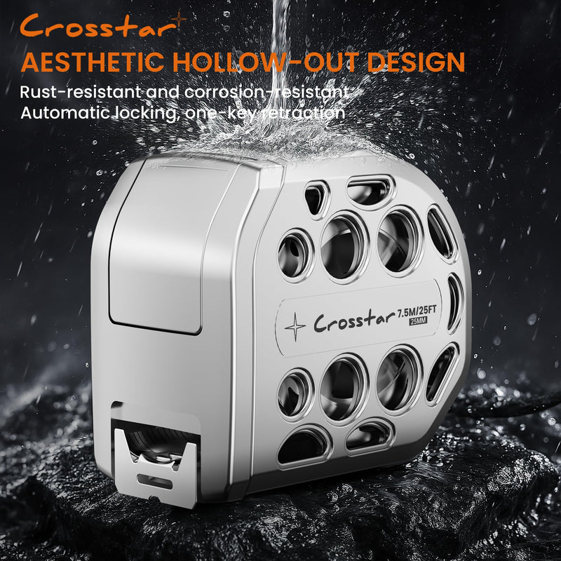 [Australia - AusPower] - Crosstar 25FT Magnetic Self-Locking Stainless Steel Tape Measure, Double-Sided Scale, Waterproof & Rustproof Retractable Measuring Tape with Hollow Design for Home, Industrial, Woodworking 25' 