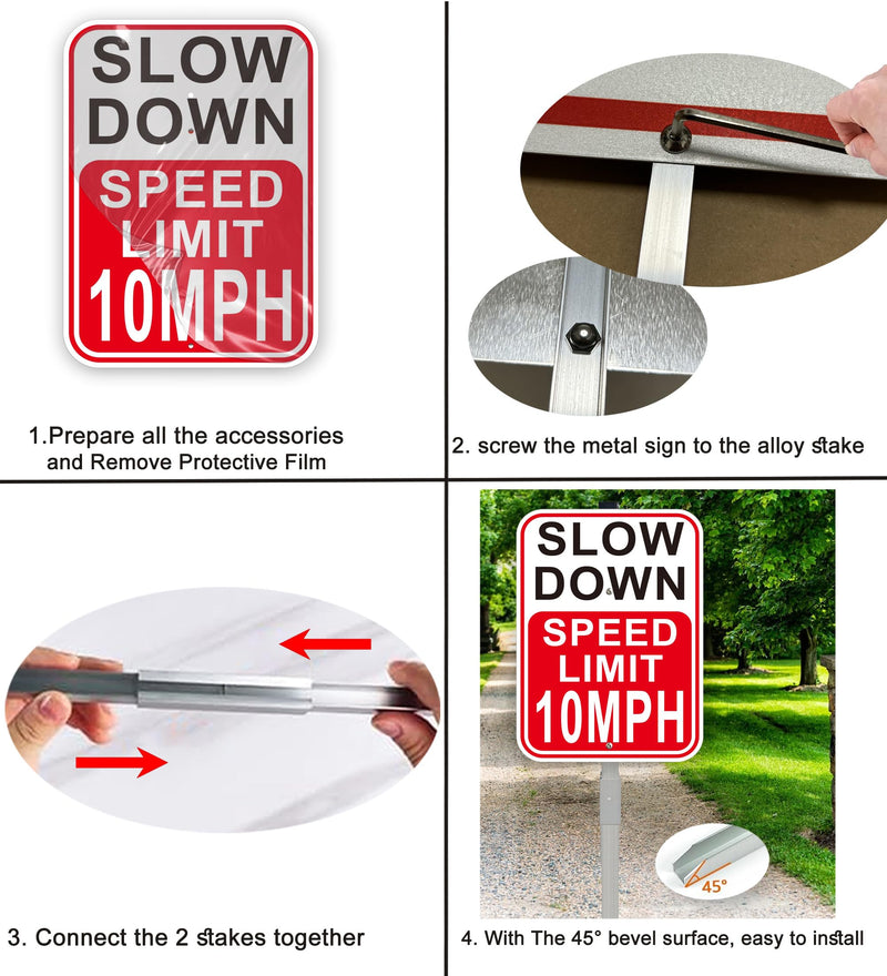 2Pack Slow Down Sign, Speed Limit 10MPH Sign with 36" Stakes, 14"×10" Reflective Aluminum, Fade Resistant/Waterproof, Including Screws, Easy to Install Speed 10 with stake