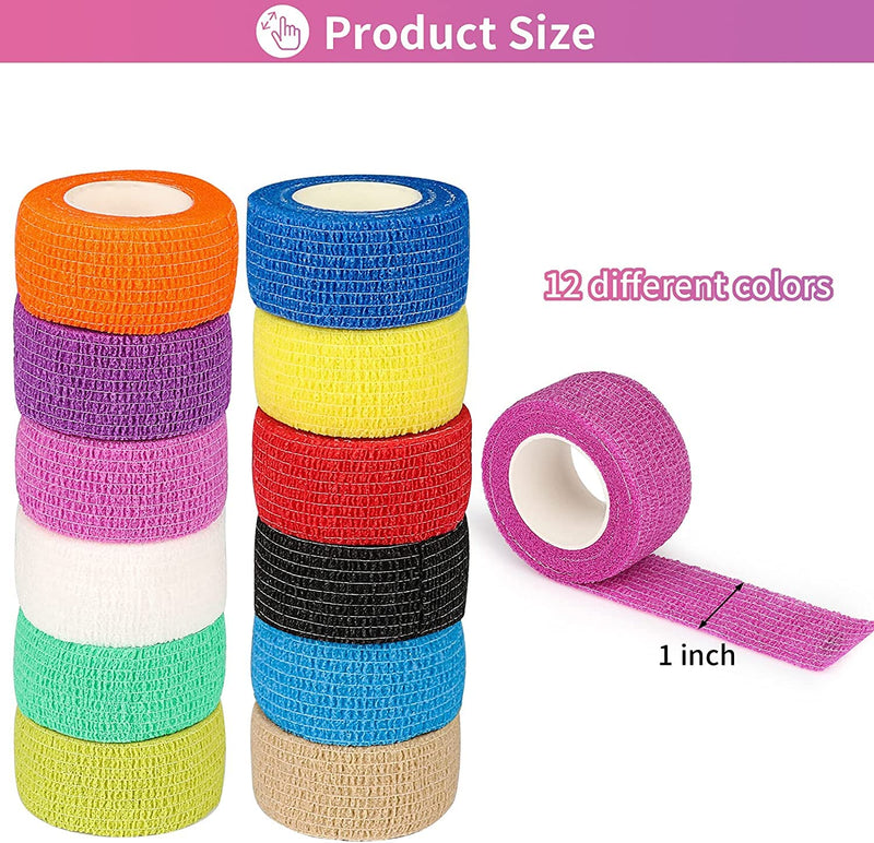 [Australia - AusPower] - 12Pack 1 x 5 Yards Self Adhesive Bandage Wrap, Elastic Self Breathable Self Adherent Wrap for Pets, Athletic Cohesive Bandage for First Aid, Sports Injury & Protection, 12Color 1 x 5 Yards (12-Pack) 