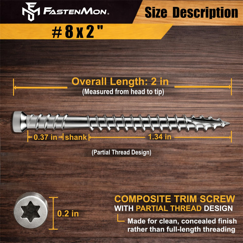 Composite Trim Screws, #8 x 2, Stainless Steel 304, 150pcs, Hidden Fastener for PVC & Wood, Outdoor Deck, Exterior & Finish Fasteners, Rust-Resistant, T-10 Star Drive, 0.9lbs #8 x 2" 150