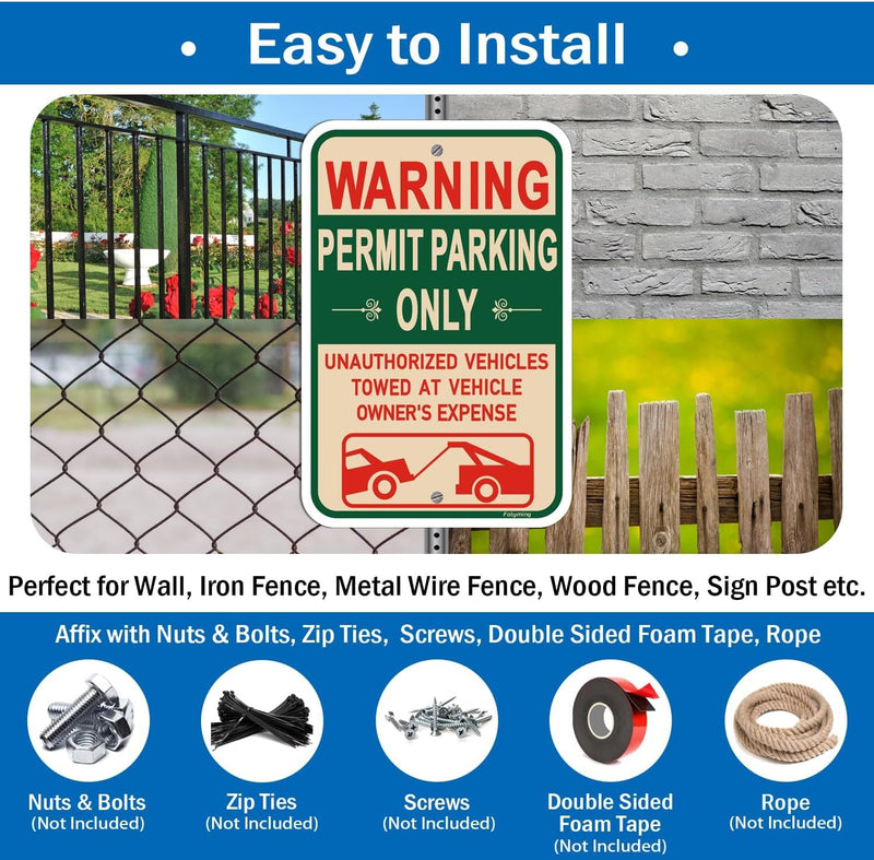 2 Pack Warning Permit Parking Only Signs Unauthorized Vehicles Towed At Vehicle Owner’s Expense 18” x 12” No Parking Signs Will Be Towed Rust-Free Aluminum Weatherproof Easy to Install