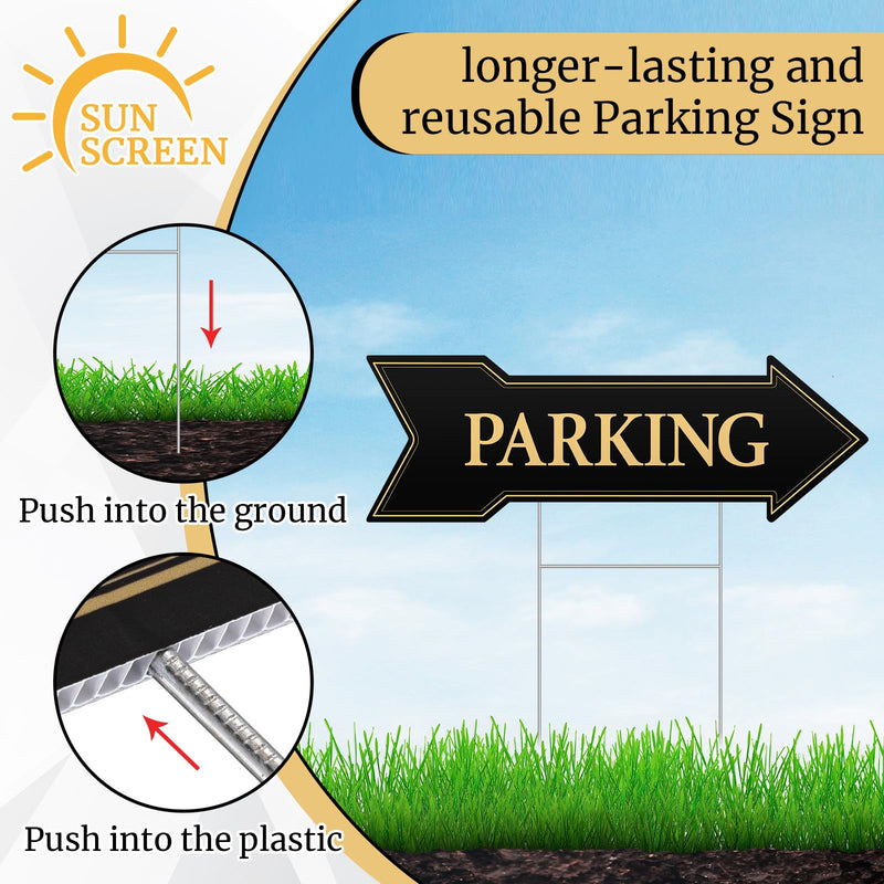 Menkxi 6 Pack Directional Arrow Parking Sign with Metal Stakes17 x 6 Inch Double Sided Wedding Arrow Parking Signs Black and Gold Yard Sign Event Guest Parking Sign for Outdoor Yard Wedding
