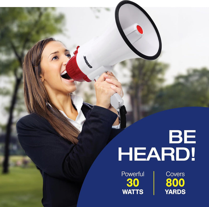 [Australia - AusPower] - MGROLX Portable Megaphone Spearker/Bullhorn-with Built-in Siren/Alarm-Music-30 Watt Power & 800 Yard Range-Sliding Volume Adjustment-Powerful and Lightweight-ER46S black-white 10.24x6.3x6.3 
