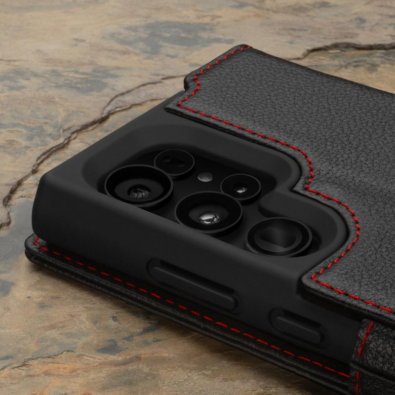[Australia - AusPower] - TORRO Case Compatible with Samsung Galaxy S24 Ultra 5G – Premium Leather Wallet Case with Kickstand and Card Slots (Black with Red Detail) Black with Red Detail 