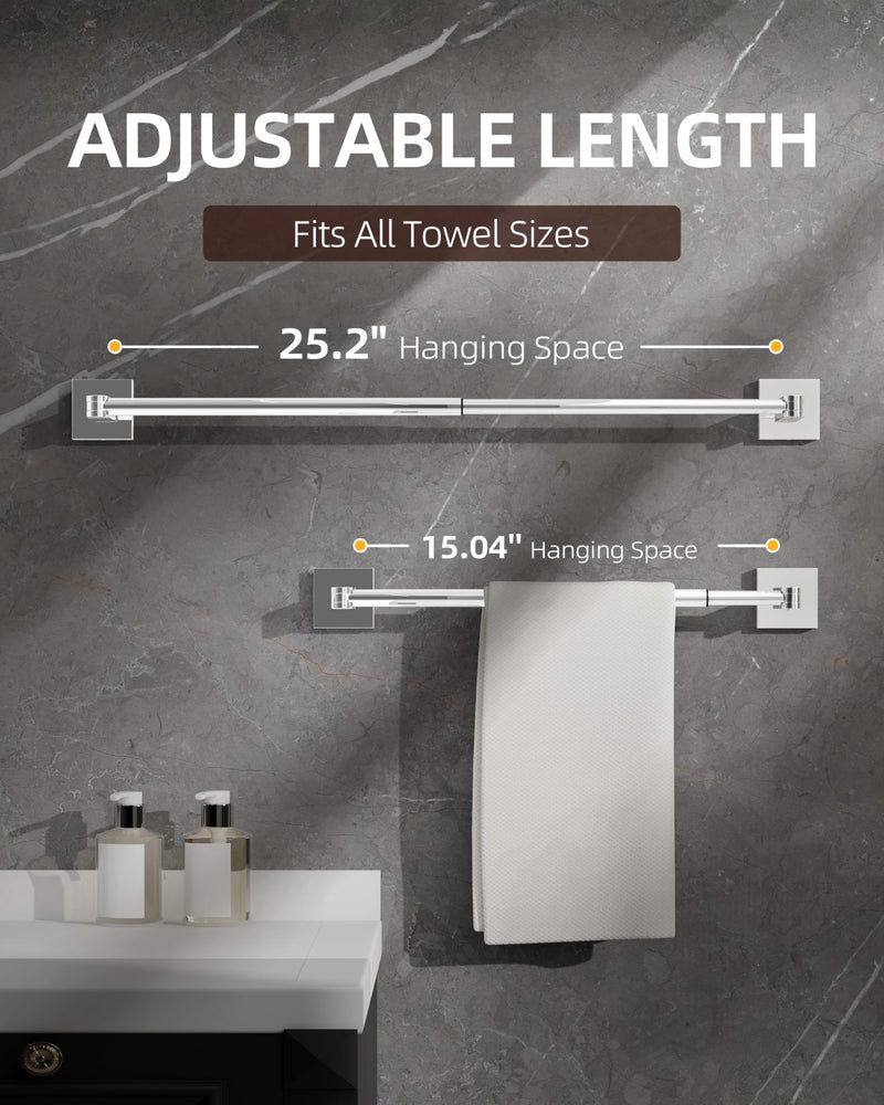 Ruacq Adjustable Towel Bar 15.8 Inch–26 Inch, Adhesive Towel Racks for Bathroom Wall Mounted, Stainless Steel Bathroom Towel Rack for Shower, Towel Rod with Square Base (Chrome) Chrome