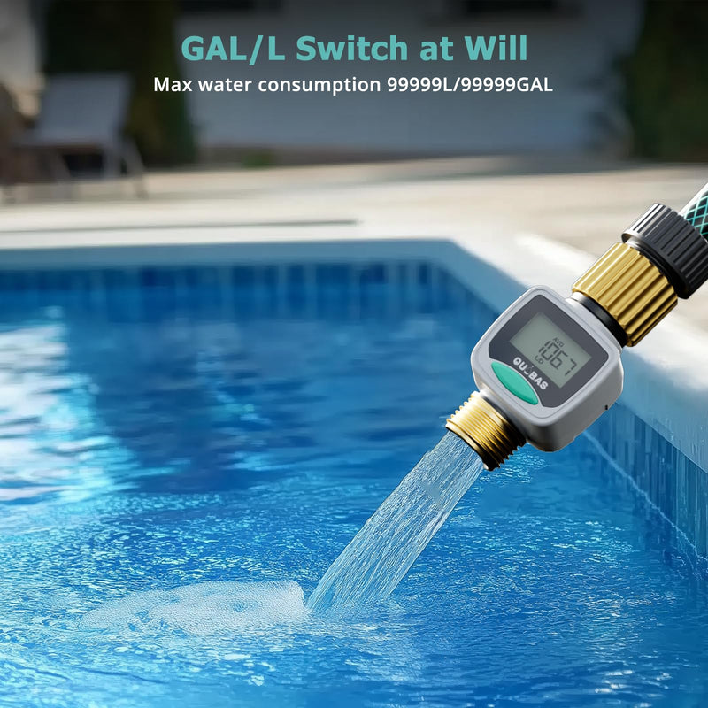QUOBAS Water Flow Meter with Brass Fittings, Easy-Install Garden Hose Flow Meter for RV, Outdoor Plants, Lawn & Pool, Waterproof Screen, Tracks Gallon/Liter Usage, 4 Modes One Size 1