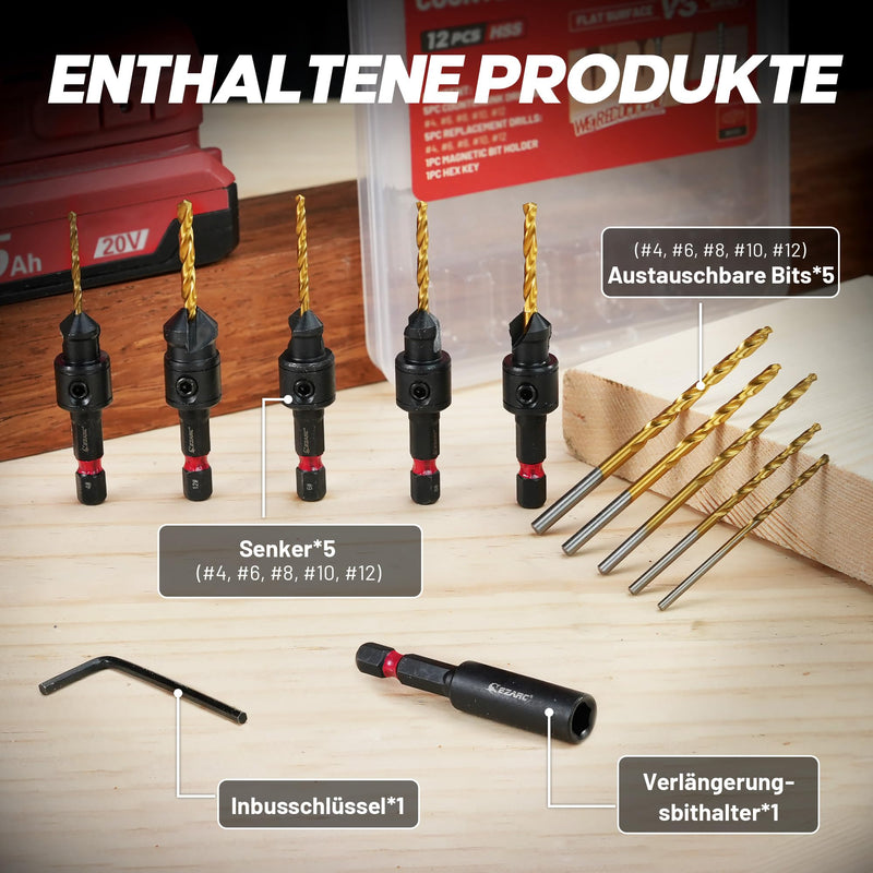 [Australia - AusPower] - EZARC Countersink Drill Bit Set for Woodworking, #4, #6, #8, #10, #12, Magnetic Extended Bit Holder with Storage Box 