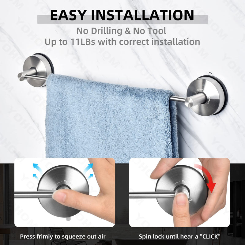 YOHOM Suction Cup Towel Bar for Shower 17 Inch Stainless Steel Bathroom Towel Rack Suction Washcloth Holder Vacuum Hand Towel Bar for Glass Shower Door Removable Towel 17inch-silver