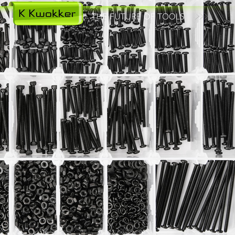 [Australia - AusPower] - 2060 x M2 Screw Kit 4MM to 40MM, M2 Socket Head Screws & Button Head Screws, Upgraded Zinc Plated Screws Assortment Kit w/Nuts and Bolts, Washer and Lock Washers, Black Machine Screw A. M2 Hex Socket & Button Screw Set 