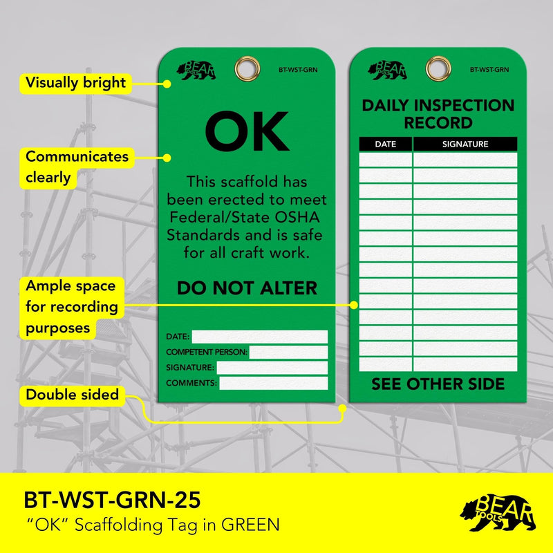 BearTOOLS Scaffold Tags - Safety Inspection Kit with Cable Ties - OK Scaffold Status Warning Sign - Laminated 3 x 6 in, Pack of 25 - Weatherproof, Tear-Resistant - Green Tags