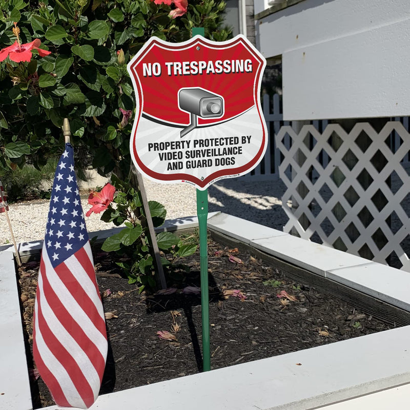 SmartSign 10 x 10 inch “No Trespassing - Property Protected By Video Surveillance And Guard Dogs” Yard Sign with 3 foot Stake, 40 mil Laminated Rustproof Aluminum, Multicolor, Set of 1 10" x 10" Aluminum Sign with 3' Stake
