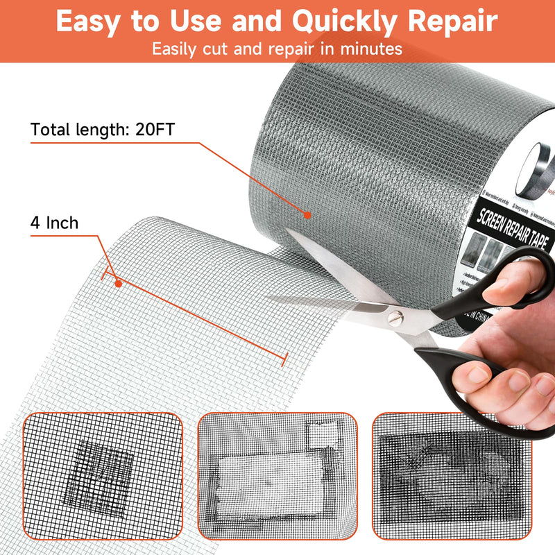 HOFUDON 4in X 20ft Window Screen Repair Tape Grey- Heavy Duty 3-Layer Adhesive, Waterproof Fiberglass Mesh
